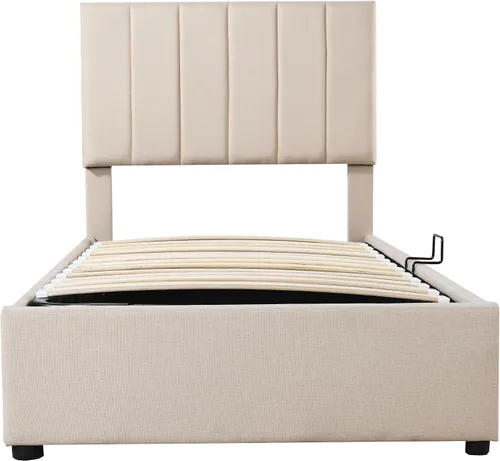 Vista 7 de Harper & Bright Designs Base de cama con plataforma de almacenamiento elevable de tamaño individual con cabecera capitonada de canal vertical Beige