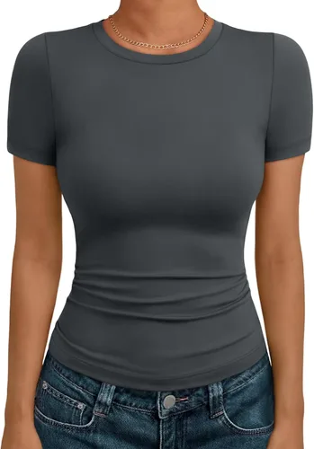 Vista 17 de AUTOMET - Camisetas básicas de manga corta para mujer, para verano, entrenamiento o gimnasio, con cuello redondo, ropa moderna estilo Y2K