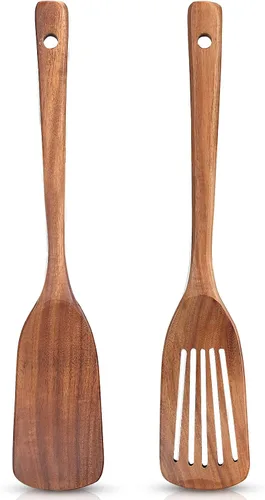 Vista 11 de 2 piezas de juego de espátulas de madera para cocinar Utensilios de cocina de teca no tóxicos sin BPA, espátula ranurada para panqueques, espátula 2