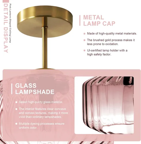 Vista 7 de Moderna lámpara de techo semiempotrada rosa rubor con base dorada cepillada, lámpara de dormitorio para dormitorio de niñas, guardería, pasillo