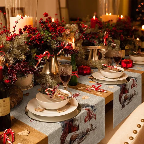 Vista 4 de Camino de mesa navideño de Papá Noel de 36 pulgadas de largo, algodón y lino, bufandas de arpillera, cocina, cena, cafetería, decoración de mesa