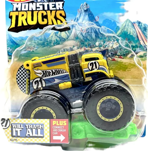 Vista 2 de Monster Trucks Will Trash It All (amarillo/azul) con auto Connect and Crash 42/75, camión fundido a presión a escala 1:64
