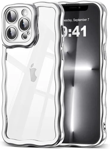 Vista 49 de SKYLMW Funda compatible con iPhone 12 Pro, diseño de ondas rizadas kawaii, borde chapado de lujo, elegante parte trasera transparente brillante, TPU