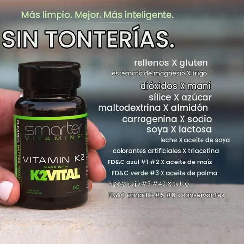 Vista 4 de Smarter Vitamina K2 MK7 100mcg fabricada con K2VITAL y col rizada para la salud ósea y apoyo cardiovascular K-2 MK-7 ayuda a utilizar calcio