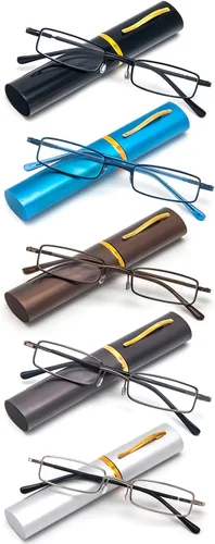 Vista 10 de REAVEE Paquete de 5 lentes de lectura portátiles delgados para hombres y mujeres, bloqueo de luz azul para computadora con bolsillo pequeño, estuche