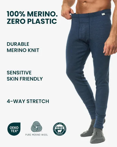 Vista 4 de Pantalón de primera capa de lana merina para hombre, 100% lana merina, peso pesado, medio, ligero, ropa interior térmica Long Johns y calcetines .
