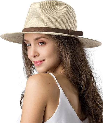 Vista 8 de FURTALK Sombrero Panamá de paja de ala ancha para hombre y mujer Ab-beige.
