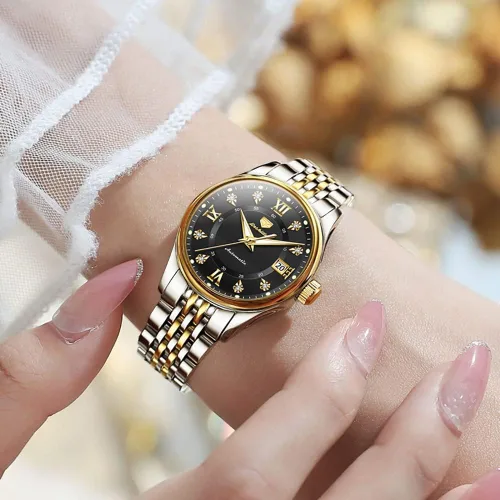 Vista 7 de OLEVS Reloj automático para mujer, de lujo, con cuerda automática, de diamante, de acero inoxidable, de fase lunar, impermeable, esfera azul luminosa