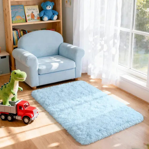 Vista 3 de Merelax Alfombra mullida de área lanuda color azul bebé, 2 x 3 pies, alfombras pequeñas para dormitorio, mini alfombra de felpa difusa para niños