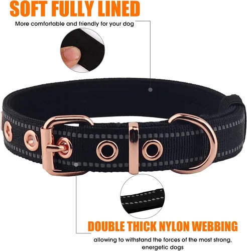 Vista 5 de Collar de Perro de Neopreno Acolchado, Collar de Nylon para Perros Pequeños a Grandes, Resistente con Hebilla de Metal, Reflectante (Pequeño, Negro)