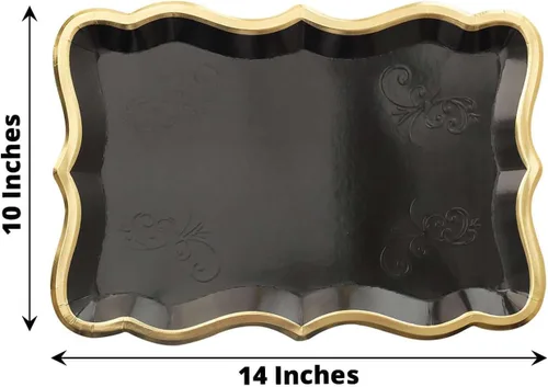Vista 3 de Efavormart - Paquete de 10 bandejas rectangulares negras de 14 x 10 pulgadas con borde dorado, bandejas de papel resistentes de 400 GSM para bodas