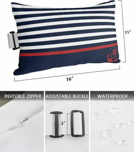 Vista 4 de Nautical Anchor - Juego de 2 fundas de almohada lumbar, impermeables, costeras de verano, para exteriores, con correa elástica, fundas de almohada