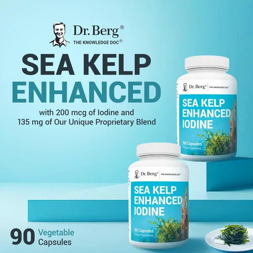 Vista 4 de Dr. Berg Sea Kelp Yodo mejorado - 200 mcg de yodo premium - Mezcla de algas marinas incluye algas azul-verdes Klamath y algas marinas - 90 cápsulas