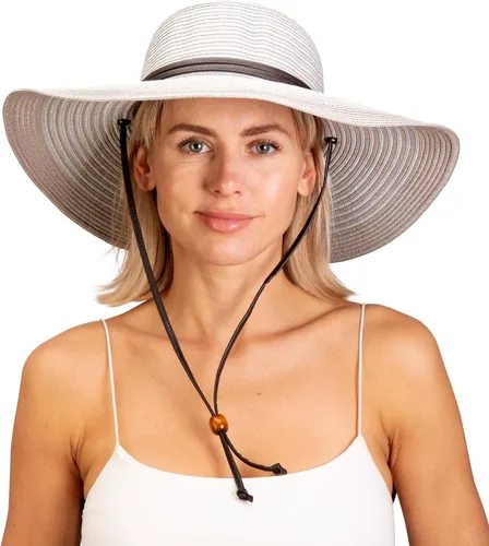 Vista 2 de Sloggers Sombrero de sol trenzado de ala ancha para mujer con cordón de viento, protección solar máxima UPF 50+ Marrón claro