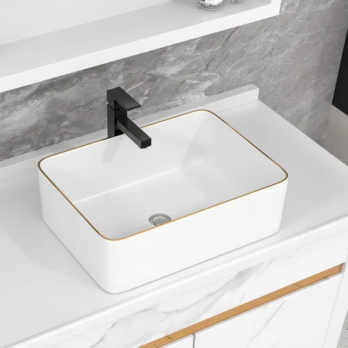Vista 13 de Fregadero de recipiente blanco redondo - Fulorni 33x33 cm Lavabo de baño de cerámica de porcelana con borde dorado sobre encimera, fregadero