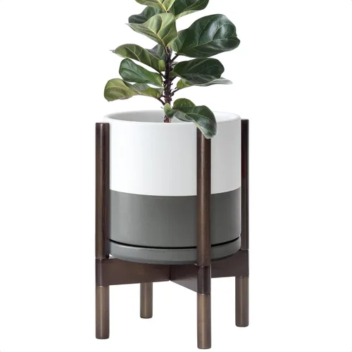 Vista 37 de D'vine Dev Maceta de cerámica con soporte de ébano – Maceta redonda moderna de 8 pulgadas con soporte para maceta de madera, color negro, 55-B-M-2
