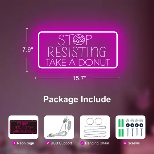 Vista 5 de Señales de neón con forma de dona, "Stop Resisting Take A Donut", luz LED regulable para tienda de donas, negocios, cafetería, panadería, postres