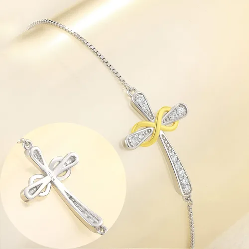 Vista 4 de YL Pulsera de cruz de plata de ley 925 con eslabones laterales infinitos, joyería de piedra natal para mujer