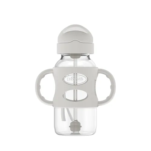 Vista 7 de Dr. Brown's Milestones - Botella con pajita de transición de cuello ancho con asas 100% de silicona y pajita con peso, 9 oz/270 mL, gris, 6m+