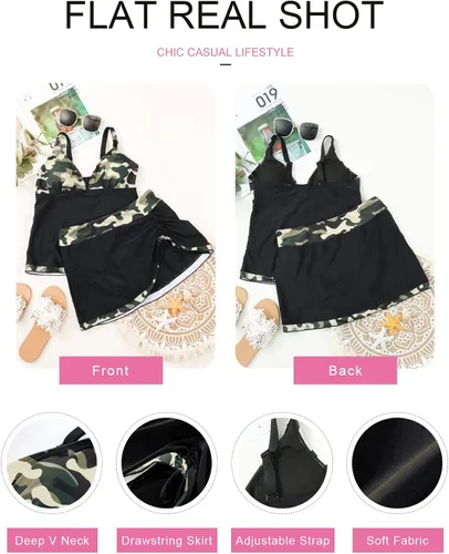 Vista 5 de EVALESS Traje de baño tankini para mujer, 2 piezas, estampado, parte superior tankini con falda con cordón, traje de baño