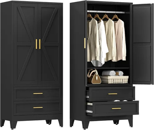 Vista 10 de YAUWOH Armario de Ropa de Estilo Granja con Cajones, Armario de Metal con Barra Colgante, Armario Metálico con Estantes Ajustables para Dormitorio