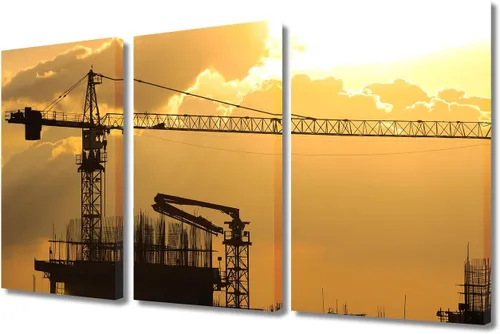 Vista 24 de TUMOVO Arte de pared con diseño de grúa para dormitorio, 3 piezas de grúa pesada al anochecer en un sitio de construcción, póster, pintura, arte