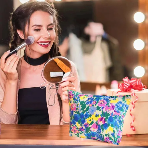 Vista 6 de Bolsa de maquillaje para mujer, bolsa de cosméticos de lona con cremallera, bolsa de maquillaje pequeña, bolsa de maquillaje floral, organizador