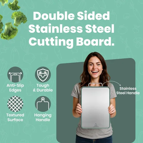 Vista 9 de Tablas de cortar grandes de acero inoxidable para cocina, tabla de cortar de acero inoxidable con Juice Grove ultra duradera, antiadherente, fácil