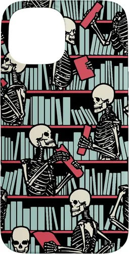 Vista 6 de iPhone 16 Bookish Public Library Skeleton Goth Librarian Books Pattern Case