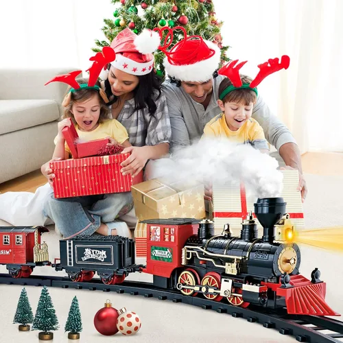 Vista 7 de Shemira Juego de tren de Navidad, juguetes de tren para niños y niñas, tren de juguete con humo ligero y sonido, juego de tren de vapor