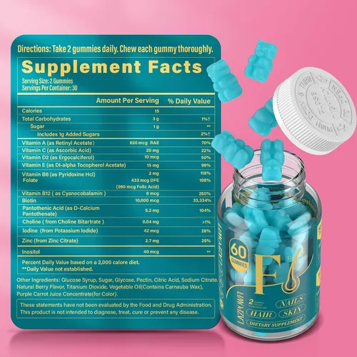 Vista 2 de Gomitas de biotina, vitaminas para la piel y las uñas para hombres y mujeres, vitamina B7 vegana, apoya el crecimiento del cabello y uñas más
