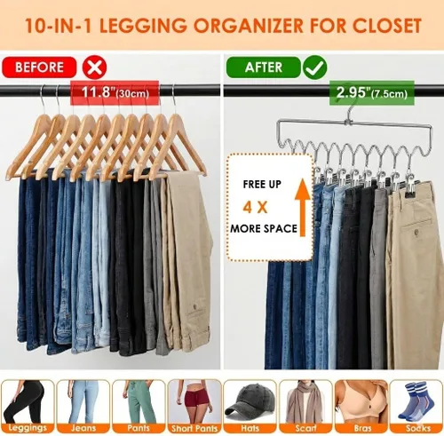 Vista 3 de Perchas para pantalones que ahorran espacio con clips, organizadores de armario y almacenamiento, 20 clips de goma antideslizantes, organizador