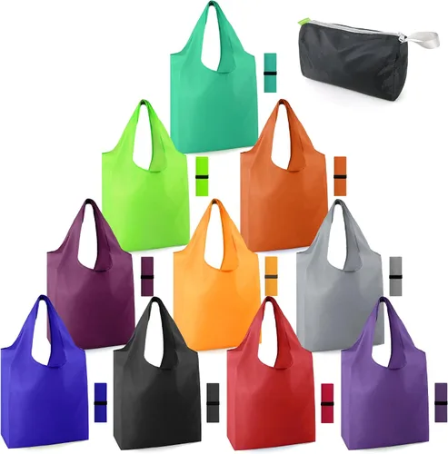 Vista 25 de BeeGreen Bolsas de comestibles reutilizables de Navidad con bolsa de almacenamiento con cremallera, paquete de 10 bolsas de compras reutilizables a
