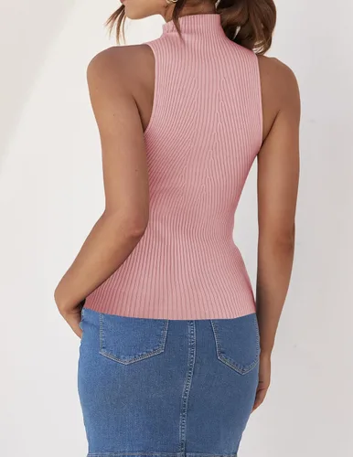 Vista 4 de ZESICA Camisetas sin mangas de verano para mujer, cuello de tortuga, de punto acanalado, ajustadas, básicas, casuales