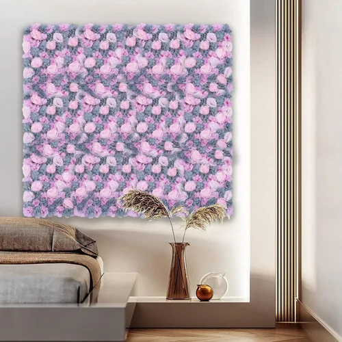 Vista 6 de OUKANING Paquete de 6 paneles de pared de flores de seda con rosas de seda, telón de fondo de pared de flores artificiales para interiores y Morado