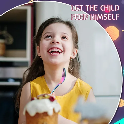 Vista 6 de Minatee Juego de cubiertos de 6 tenedores de arco iris para niños pequeños, cubiertos pequeños de grado alimenticio, cubiertos de acero inoxidable