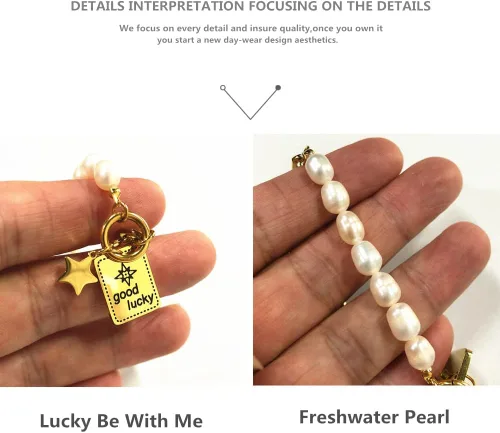 Vista 4 de Pulsera para mujer, delicadas pulseras de perlas, pulseras de perlas con dijes de acero inoxidable