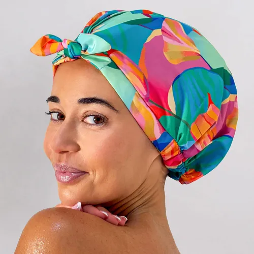 Vista 4 de GRACE & COMPANY Gorro de ducha de lujo para mujer, 100% impermeable, reutilizable, lavable y transpirable, diseño de pájaros del paraíso