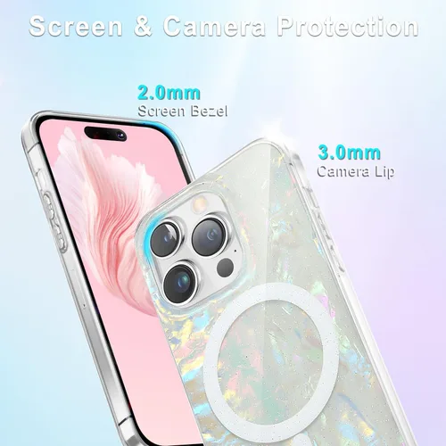Vista 5 de Funda MagSafe para iPhone 15 Pro para mujeres y niñas, funda magnética iridiscente con purpurina iridiscente de ópalo perlado