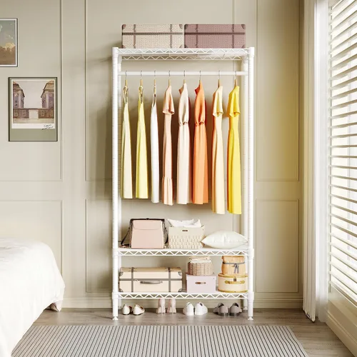Vista 8 de Perchero de ropa resistente, perchero portátil de metal con estantes ajustables de 3 niveles, estantes de ropa independientes para colgar ropa