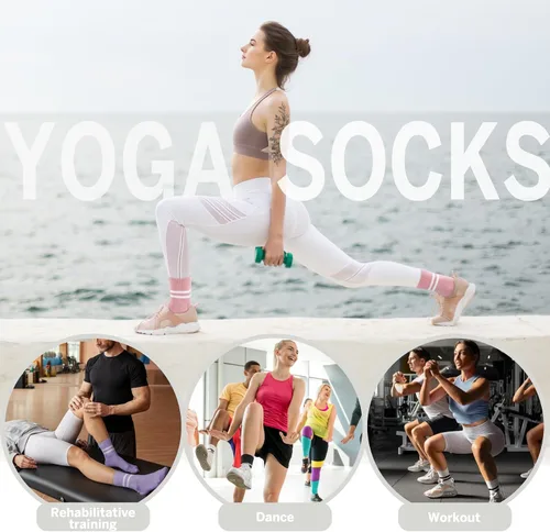 Vista 5 de Calcetines de yoga para mujer, calcetines antideslizantes con cojín para pilates, barra pura, ballet, entrenamiento, hospital, hogar, 4 pares