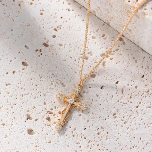 Vista 111 de Fettero - Collar con dije de cruz de fe, chapado en oro de 14 K, cadena fina, minimalista, simple, pequeña, para oración, regalo de joyería religiosa