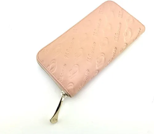 Vista 8 de Cartera RFID de piel de becerro con cremallera en relieve para mujer, rosa con logo, Cartera larga