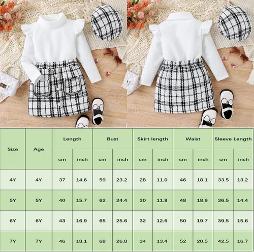 Vista 2 de 3 piezas de camisa de punto acanalado de manga larga con volantes y hombros para niñas pequeñas + falda acampanada a cuadros + boina