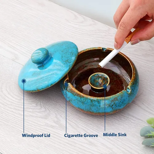 Vista 4 de RONXS Cenicero, cenicero para exteriores para patio con tapa, ceniceros resistentes al viento para cigarrillos, cenicero de cerámica hecho a mano