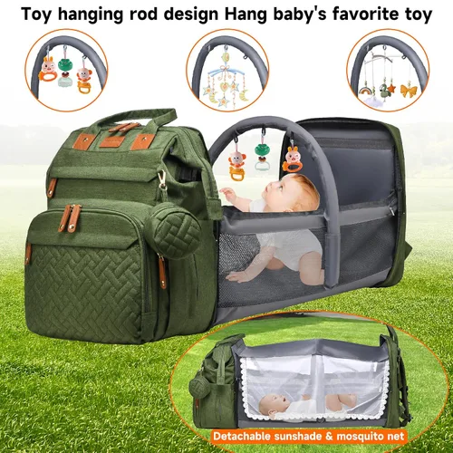 Vista 2 de ANWTOTU Mochila Bolsa para Pañales, Verde militar Mochila de viaje impermeable multifuncional con cambiador, estuche para chupete y correas