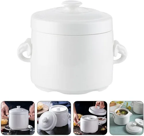 Vista 6 de Hemoton Olla de cerámica para estofado de 3.74 x 3.74 x 4.13 pulgadas, pequeña olla blanca con tapa para huevos al vapor, natillas de pájaros, nido