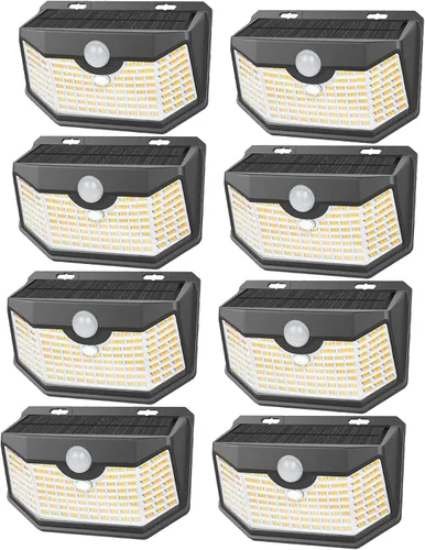 Vista 8 de HMCITY Luces solares para exteriores, 120 LED con 3 modos de iluminación, luces de pared con sensor de movimiento, IP65, impermeable, alimentadas