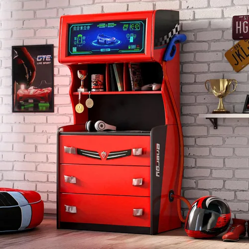 Vista 2 de Cilek GTS EV - Cómoda de 3 cajones con gabinete, diseño de cargador de coche EV, estantes adicionales, cajones de cierre suave, color rojo