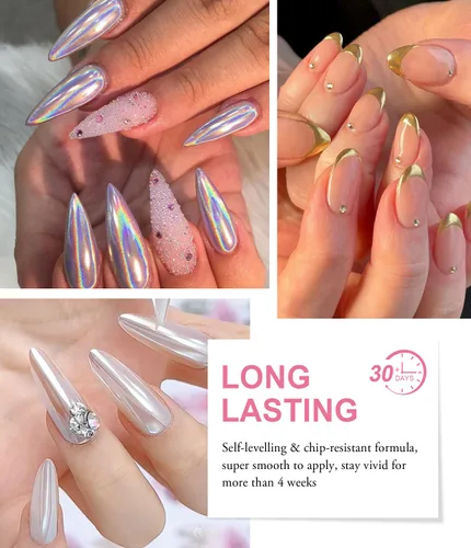 Vista 3 de Polvo de uñas cromado dorado LEDSUUEI Super Mirror Nail Glitter, polvo de metal Holo cromo para uñas, pigmento blanco aurora, dona vidriosa perla